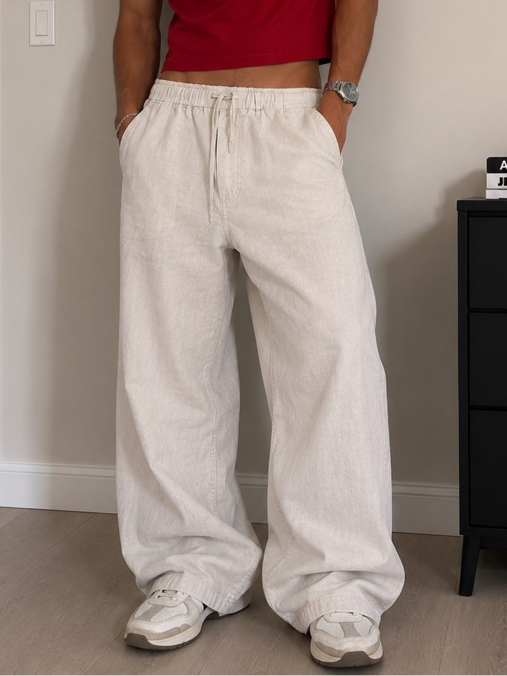 Zara Men’s Cream Wide Leg Linen Blend Pants – Size L